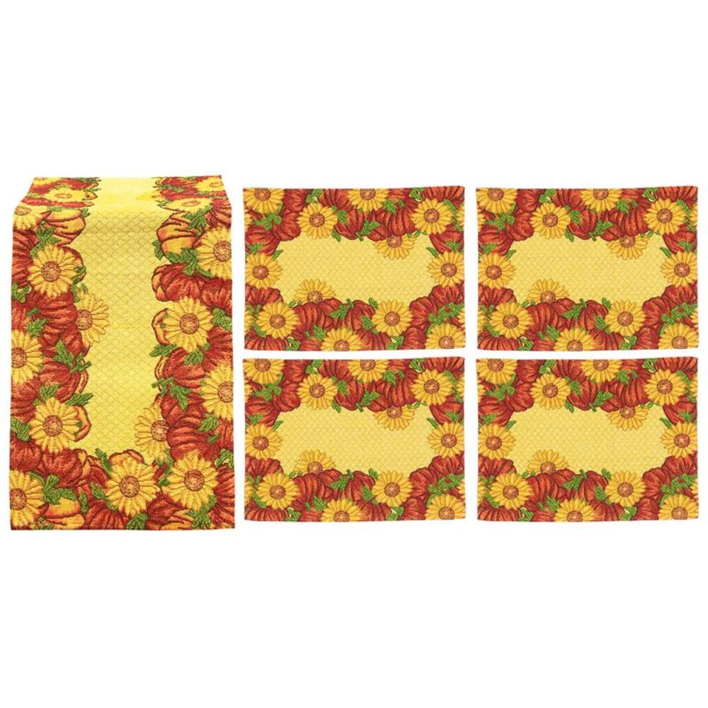 Gold Coast Fall Shimmering Sunflowers & Pumpkins Tapestry Placemat & Runner Set